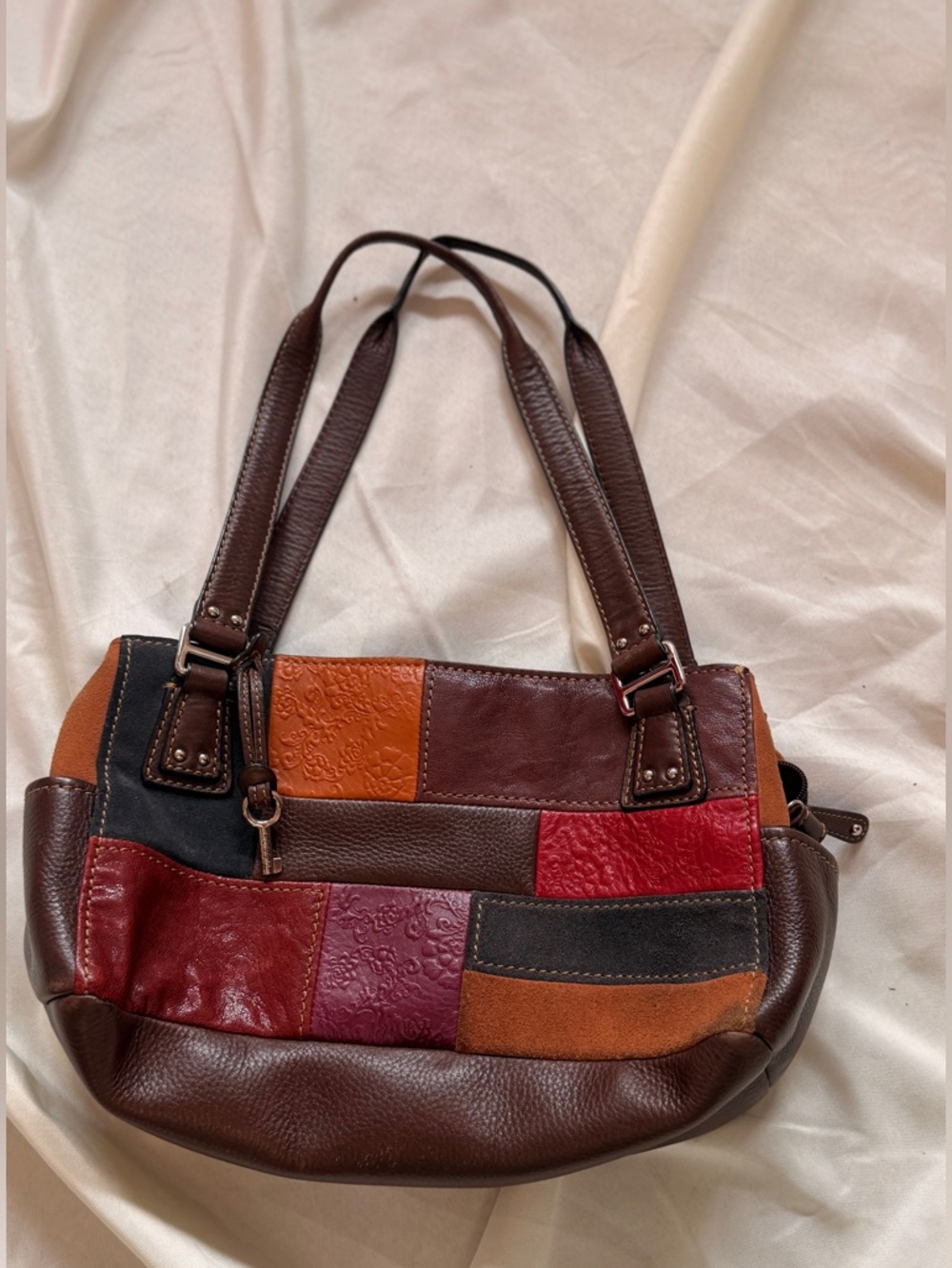 Fossil Patchwork Leather and Suede hobo Shoulder Bag in Brown, Red, Orange